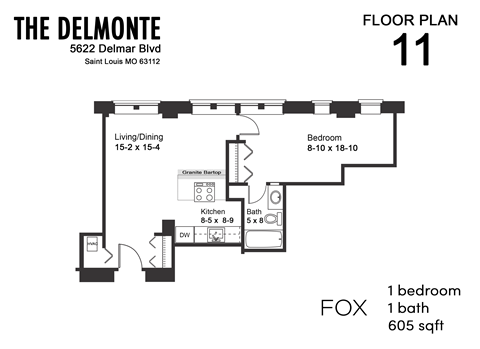 Floor plan for 1 bed, 1 bath, 605 sqft